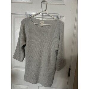 Chicos Gray Silver Sparkle Sequin Knit 3/4 Sleeve Sweater Size 1 Size Small